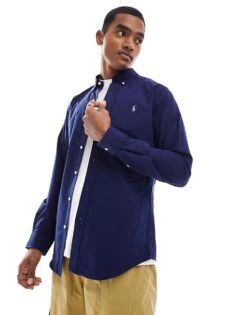 Polo Ralph Lauren Player Logo Slim Fit Poplin Shirt Button-down In Navy For Men