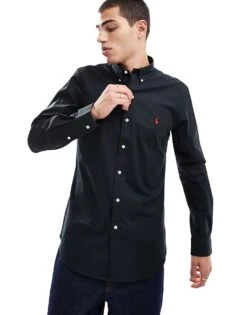 Polo Ralph Lauren Player Logo Slim Fit Poplin Shirt Button-down In Black For Men Polo Black
