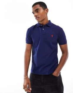 Polo Ralph Lauren Slim Fit Pique Polo With Red Player Logo In Washed Navy For Men Newport Navy