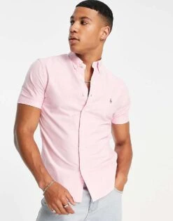 Polo Ralph Lauren Icon Logo Slim Fit Short Sleeve Oxford Shirt In Pink For Men