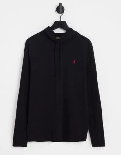 Polo Ralph Lauren Icon Logo Hooded Long Sleeve Top In Black For Men