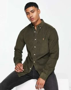 Polo Ralph Lauren Icon Logo Fine Cord Slim Fit Shirt Button Down In Dark Green For Men
