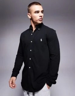 Polo Ralph Lauren Icon Logo Button Down Pique Shirt In Black For Men