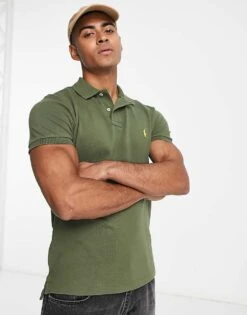 Polo Ralph Lauren Icon Logo Slim Fit Pique Polo In Dark Green For Men