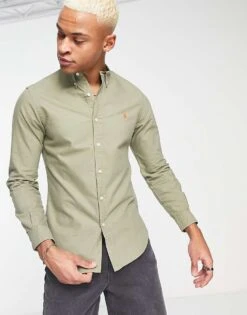 Polo Ralph Lauren Icon Logo Slim Fit Garment Dyed Oxford Shirt Button Down In Dark Green For Men