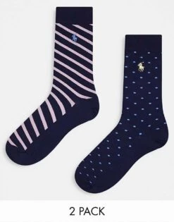 Polo Ralph Lauren 2 Pack Socks In Pink, Navy Stripe And Polka Dot With Pony Logo For Men