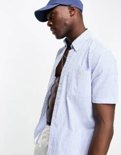 Polo Ralph Lauren Short Sleeve Stripe Seersucker Shirt Custom Fit In Blue/white For Men