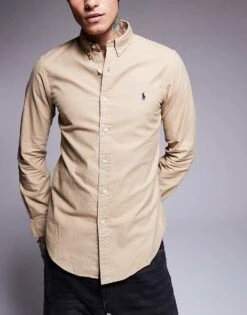 Polo Ralph Lauren Icon Logo Slim Fit Garment Dyed Oxford Shirt In Tan For Men