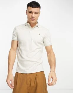 Polo Ralph Lauren Multi Logo Pima Cotton Polo Custom Fit In Beige Marl For Men