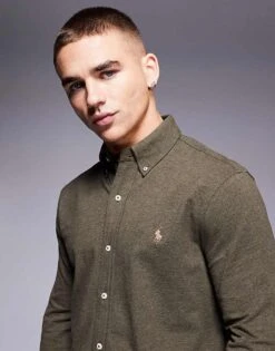 Polo Ralph Lauren Icon Logo Pique Shirt In Olive Green Marl For Men