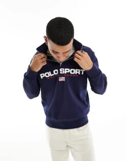 Polo Ralph Lauren Sport Capsule Retro Flag Logo Half Zip Sweatshirt In Navy For Men