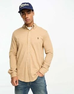 Polo Ralph Lauren Icon Logo Pique Shirt In Camel Marl For Men