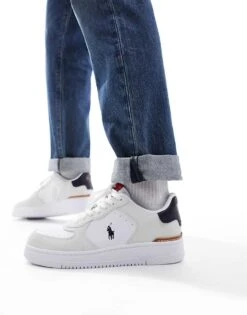 Polo Ralph Lauren Masters Court Leather Trainer In Cream Suede Mix For Men White/navy/red