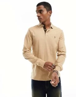 Polo Ralph Lauren Multi Icon Logo Long Sleeve Pima Cotton Polo Custom Fit In Camel Marl For Men