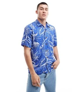 Polo Ralph Lauren Short Sleeve Revere Collar Ocean Breeze Floral Print Rayon Shirt Classic Oversized Fit In Mid Blue For Men