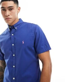 Polo Ralph Lauren Icon Logo Short Sleeve Twill Shirt Slim Fit In Royal Blue For Men