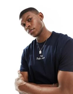Polo Ralph Lauren Central Logo T-shirt Classic Oversized Fit In Navy For Men