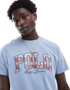 Polo Ralph Lauren Check Logo Print T-shirt Classic Oversized Fit In Light Blue For Men