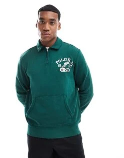 Polo Ralph Lauren Retro Sports Logo Half Zip Rugby Sweatshirt In Dark Green For Men