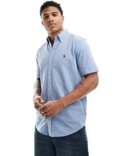 Polo Ralph Lauren Icon Logo Short Sleeve Pique Shirt In Mid Blue For Men