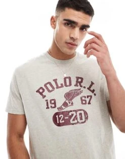 Polo Ralph Lauren Retro Collegiate Logo Print T-shirt Classic Oversized Fit In Grey Marl/white For Men