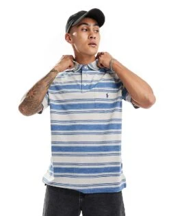 Polo Ralph Lauren Icon Logo Pocket Stripe Pique Polo Classic Oversized Fit In Light Blue For Men