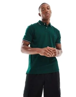 Polo Ralph Lauren Icon Logo Tipped Pique Polo Custom Fit In Dark Green For Men