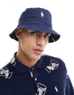 Polo Ralph Lauren Reversible Check And Plain Twill Bucket Hat In Dark Green/navy For Men
