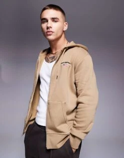 Polo Ralph Lauren Sports Capsule Logo Zip Up Hoodie In Tan For Men Desert Khaki/black