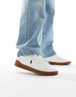 Polo Ralph Lauren Heritage Court Leather Suede Mix Trainer With Gum Sole In White For Men Deckwash White