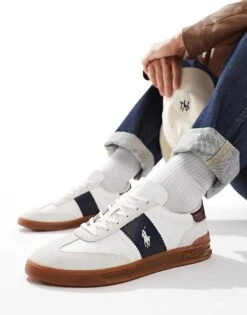Polo Ralph Lauren Heritage Aera Trainer With Gumsole In White And Navy For Men Bianco/navy/wine