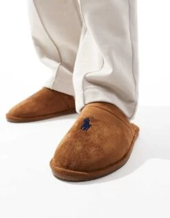 Polo Ralph Lauren Klarence Slipper With Icon Logo In Tan For Men Micro W/ Navy Pp