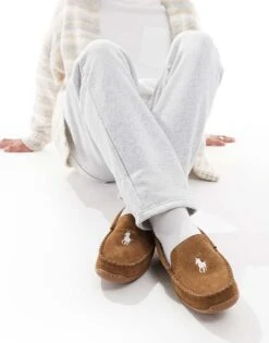 Polo Ralph Lauren Brenan Slipper With Icon Logo In Tan Suede For Men Suede W/ Cream Pp