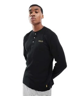 Polo Ralph Lauren Lounge Henley Waffle Long Sleeve T-shirt In Black With Gold Logo For Men Polo Black
