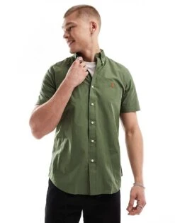 Polo Ralph Lauren Icon Logo Short Sleeve Poplin Shirt In Olive Green For Men Dgreen