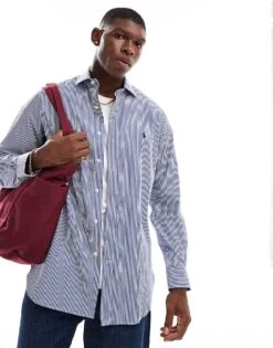 Polo Ralph Lauren Icon Logo Stripe Estate Collar Poplin Dress Shirt In Royal Blue/white For Men Mblue