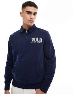 Polo Ralph Lauren Collegiate Logo Half Zip Fleece Sweatshirt Classic Oversized Fit In Navy For Men