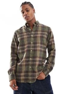 Polo Ralph Lauren Icon Logo Check Brushed Flannel Shirt In Olive Green/brown For Men Dgreen