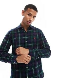 Polo Ralph Lauren Icon Logo Check Sanded Twill Shirt Custom Fit In Green/red For Men Mgreen