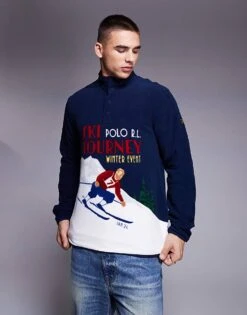 Polo Ralph Lauren Skier Print Polar Fleece Half Zip Sweatshirt In Navy For Men