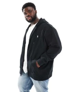 Polo Ralph Lauren Big & Tall Icon Logo Double Knit Full Zip Hoodie In Black For Men