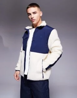 Polo Ralph Lauren Icon Logo Borg Sherpa Hybrid Jacket In Cream/navy For Men