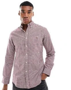 Polo Ralph Lauren Icon Logo Slim Fit Gingham Oxford Shirt In Burgundy/white For Men