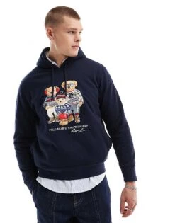 Polo Ralph Lauren Holiday Bear Family Polar Fleece Hoodie Classic Oversized Fit In Navy For Men