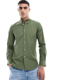 Polo Ralph Lauren Icon Logo Slim Fit Poplin Shirt In Olive Green For Men Dgreen