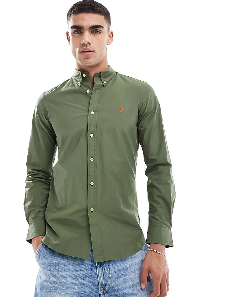 Polo Ralph Lauren Icon Logo Slim Fit Poplin Shirt In Olive Green For Men Dgreen