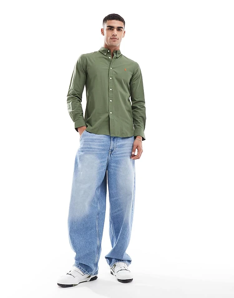 Polo Ralph Lauren Icon Logo Slim Fit Poplin Shirt In Olive Green For Men Dgreen - Image 3