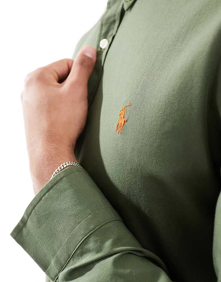 Polo Ralph Lauren Icon Logo Slim Fit Poplin Shirt In Olive Green For Men Dgreen - Image 4