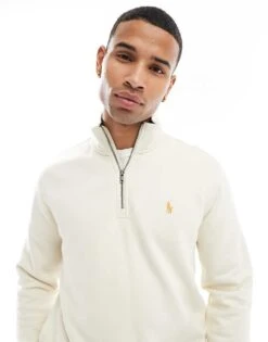 Polo Ralph Lauren Icon Logo Fleece Half Zip Sweatshirt Classic Oversized Fit In Cream For Men