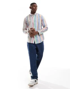 Polo Ralph Lauren Icon Logo Multi Stripe Oxford Shirt In Orange/green For Men Mgreen